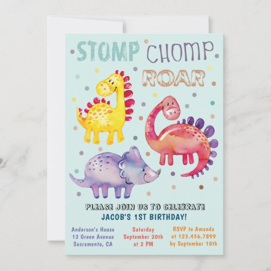 水彩恐竜カラフル生誕祭パーティー 招待状 (正面)