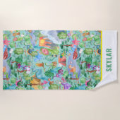 水彩恐竜キャンピングキッズパーソナライズされた ビーチタオル (正面)