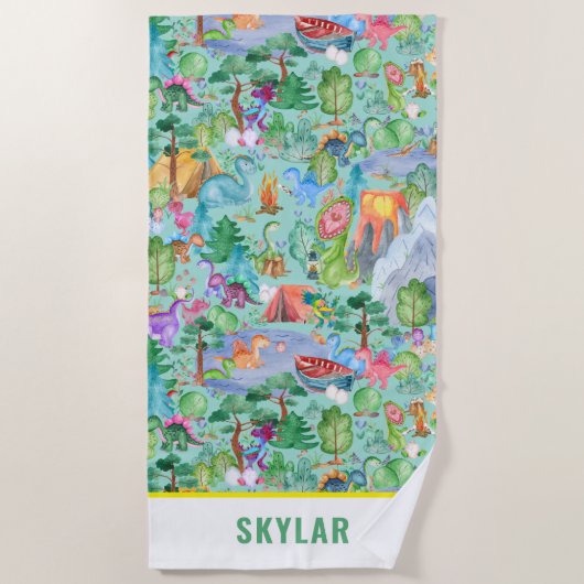 水彩恐竜キャンピングキッズパーソナライズされた ビーチタオル (正面)