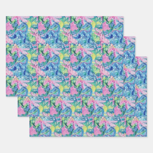 水彩恐竜ギフトラップ、キッズディノラッピング ラッピングペーパーシート (セット)