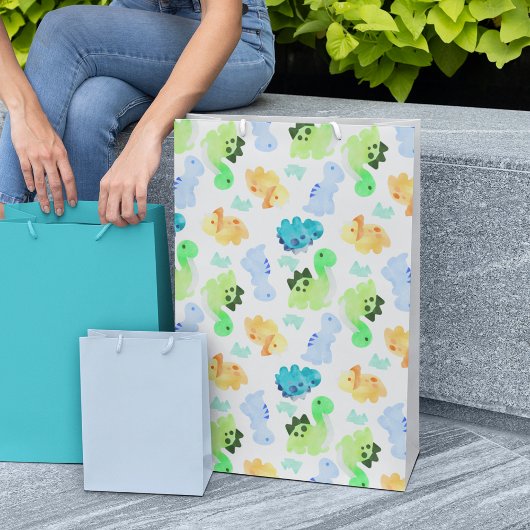 水彩恐竜シームレスパターン ミディアムペーパーバッグ