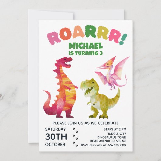 水彩恐竜ディグ化石ディノ子供の誕生日 招待状 (正面)