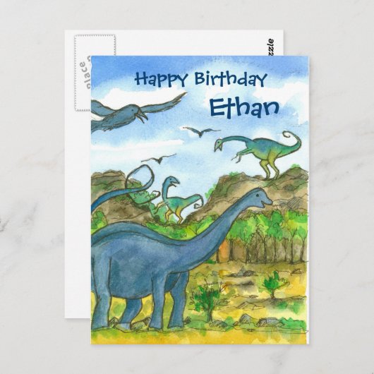 水彩恐竜ハッピーバースデー名前をカスタムする ポストカード (正面/裏面)
