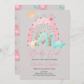 水彩恐竜ベビーガールDinoベビーシャワー 招待状 (正面/裏面)