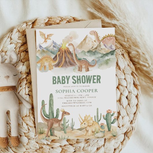水彩恐竜モダンの赤ちゃんシャワー 招待状