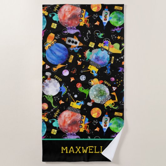 水彩恐竜建築クルー宇宙キッズ ビーチタオル (正面)