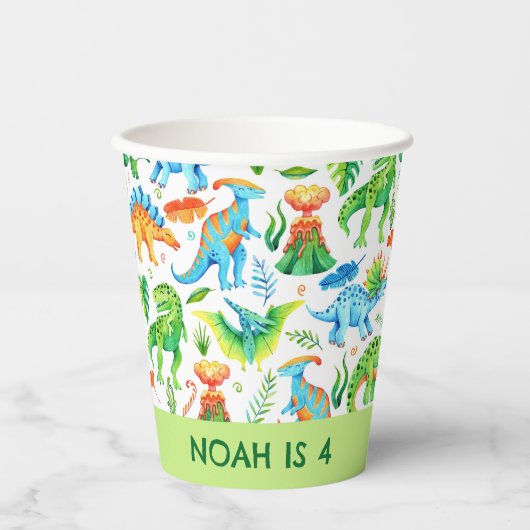水彩恐竜誕生日Tレックス、ステゴサウルス 紙コップ (正面)