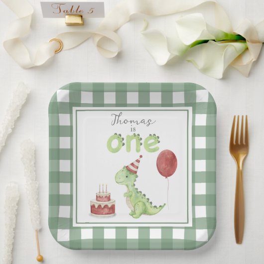 水彩恐竜1回目の誕生日 ペーパープレート (ウェディング)
