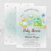 水彩恐竜、ケーキ、プレゼント 誕生前祝いの招待状 招待状 (正面/裏面)