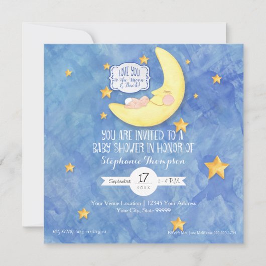 水彩愛する月に戻る赤ちゃんシャワー 招待状 (正面)
