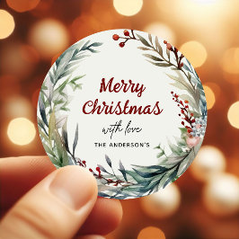 水彩愛のクリスマスリース ラウンドシール