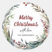 水彩愛のクリスマスリース ラウンドシール (正面)