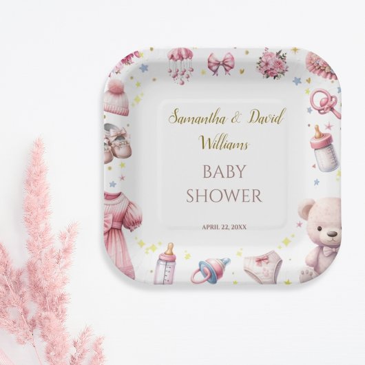 水彩愛らしいピンクの喜び赤ちゃんシャワーフローラ ペーパープレート