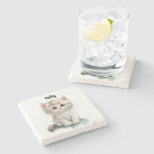 水彩愛らしい子猫(青い目) ストーンコースター (横)