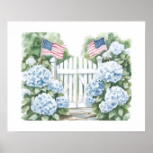 水彩愛国ブルーアジサイコテージガーデン ポスター (正面)