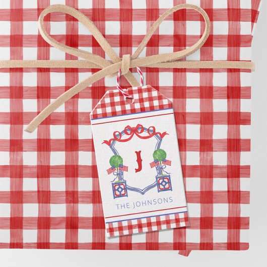 水彩愛国的なアメリカ国旗のトピアリークレスト ギフトタグ