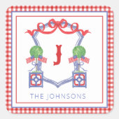 水彩愛国的なアメリカ国旗のトピアリークレスト スクエアシール (正面)