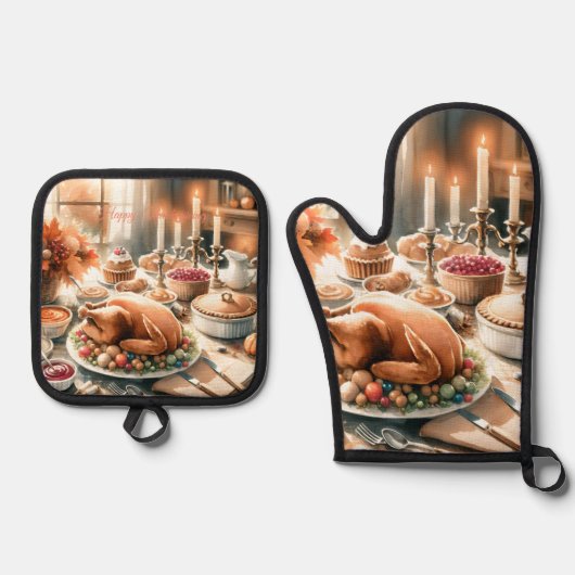 水彩感謝祭イラストレーション 鍋つかみ&鍋敷きセット (正面)