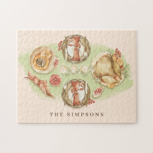 水彩感謝祭ディナーファミリー ジグソーパズル (横)