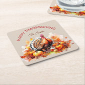 水彩感謝祭トルコとカボチャ スクエアペーパーコースター (アングル)