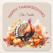 水彩感謝祭トルコとカボチャ スクエアペーパーコースター (正面)