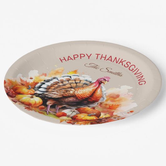 水彩感謝祭トルコとカボチャ ペーパープレート (アングル)
