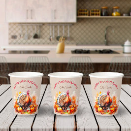 水彩感謝祭トルコとカボチャ 紙コップ