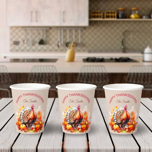 水彩感謝祭トルコとカボチャ 紙コップ