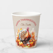 水彩感謝祭トルコとカボチャ 紙コップ (正面)