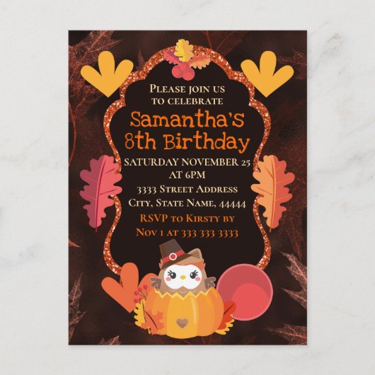 水彩感謝祭フクロウ&カボチャ誕生日 ポストカード (正面)