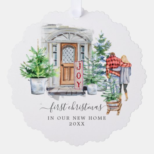 水彩扉 |初めてのクリスマスの新しいホーム オーナメントカード (正面)