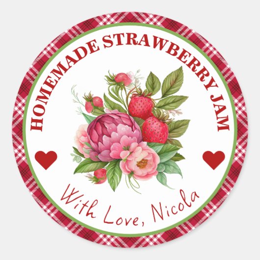 水彩手作りのイチゴジャムラベル ラウンドシール (正面)