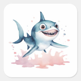 水彩手描きかわいいよくはしゃぐベビーサメ スクエアシール