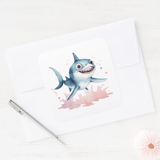 水彩手描きかわいいよくはしゃぐベビーサメ スクエアシール (封筒)