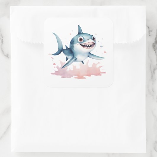 水彩手描きかわいいよくはしゃぐベビーサメ スクエアシール (バッグ)