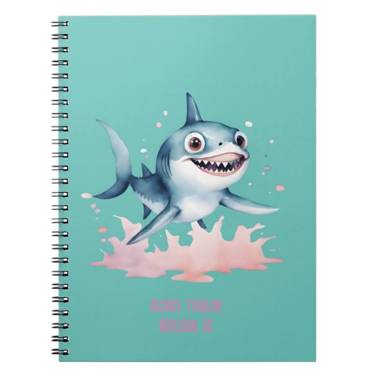 水彩手描きかわいいよくはしゃぐベビーサメ ノートブック (正面)