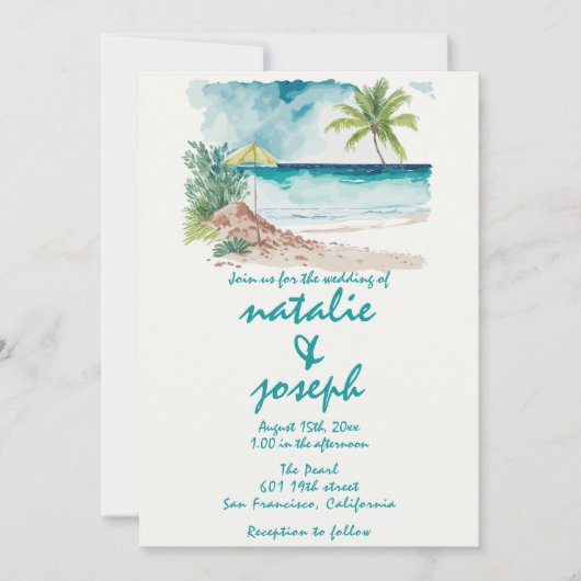 水彩手描きカラフルビーチ結婚式 招待状 (正面)