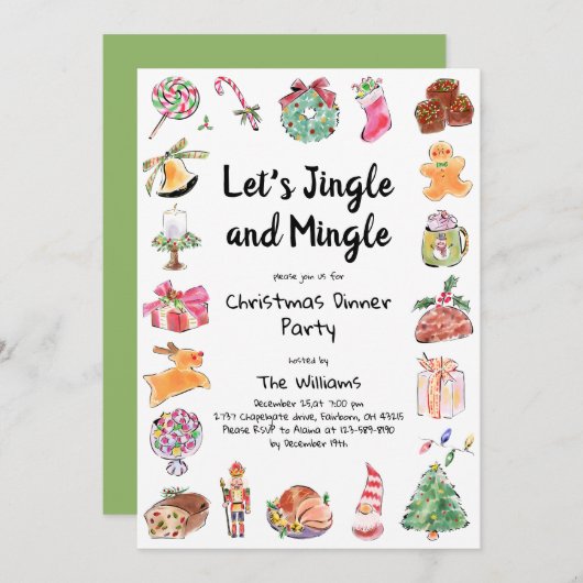水彩手描きクリスマスパーティー 招待状 (正面/裏面)