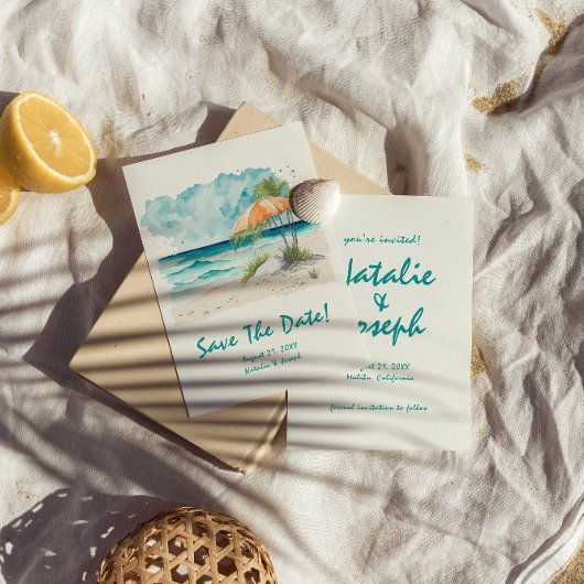 水彩手描きビーチビュカラフルー結婚 セーブザデート