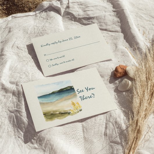 水彩手描きビーチレトロユニーク結婚の 出欠カード