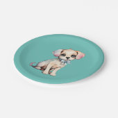 水彩手描き子犬とパウダーブルーボウ ペーパープレート (アングル)