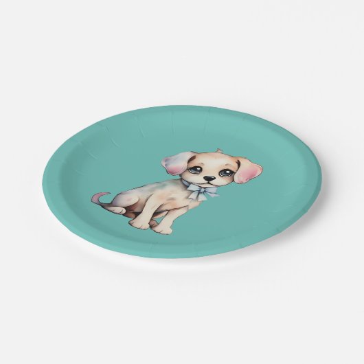 水彩手描き子犬とパウダーブルーボウ ペーパープレート (アングル)