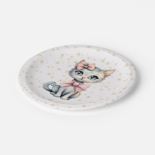水彩手描き子猫（2つのピンクの湾曲形） ペーパープレート (アングル)