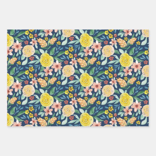 水彩手絵を描フローラパターン(の模様が)ある包 ラッピングペーパーシート (正面)