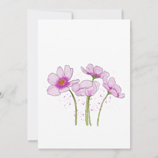 水彩手絵を描桃色コスモス花 招待状 (正面)