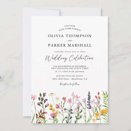 水彩押しワイルドフラワー結婚式招待状 招待状 (正面)