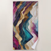 水彩抽象的な風景 ゴールド ブルー パープル ビーチタオル (正面)