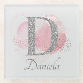 水彩抽象芸術とグリッターレターD ガラスコースター (正面)