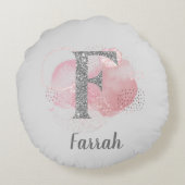 水彩抽象芸術とグリッター文字F ラウンドクッション (裏面)