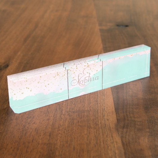 水彩抽象芸術と金色紙吹雪デザイン デスクネームプレート (側面)